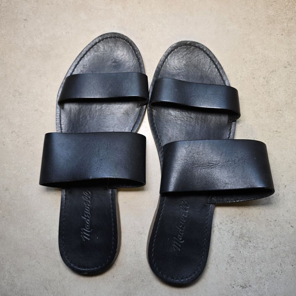 Madewell The Boardwalk Women's Size 8 Black Leather Double-Strap Slide Sandals
